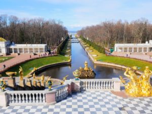 View on Peterhof Palace fountains