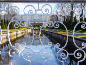 View on Peterhof palace through the fence