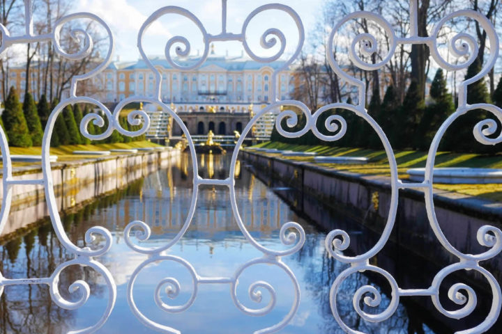 View on Peterhof palace through the fence