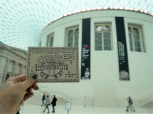 Colouring postcards Greetings from London with British Museum behind