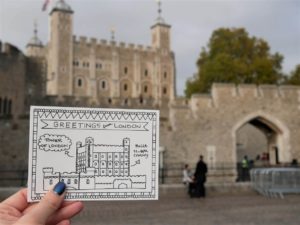Colouring postcards Greetings from London with Tower of London behind