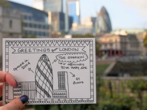 Colouring postcards Greetings from London with The Gherkin behind