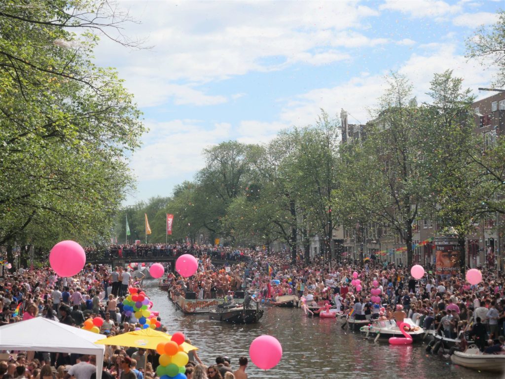 Gay pride celebration on Amsterdam canals