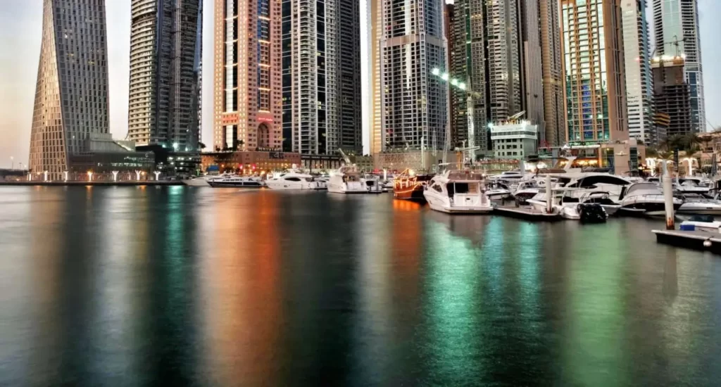 View at the boats in Dubai Marina at night