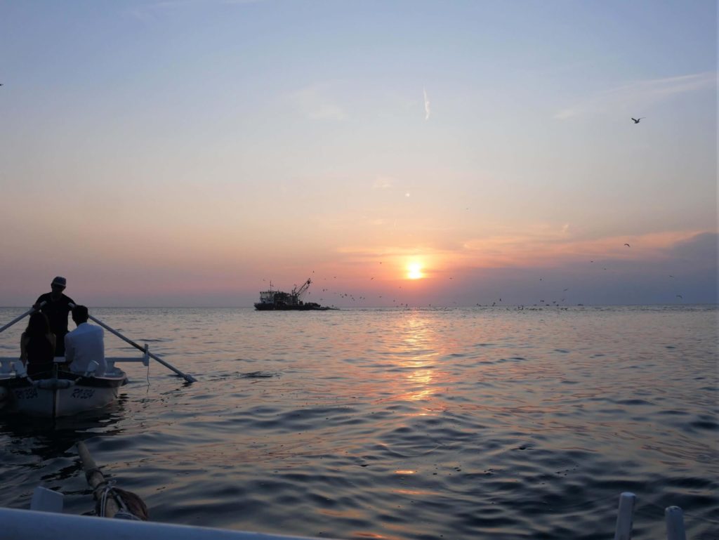 Sunset in Rovinj with batana boats