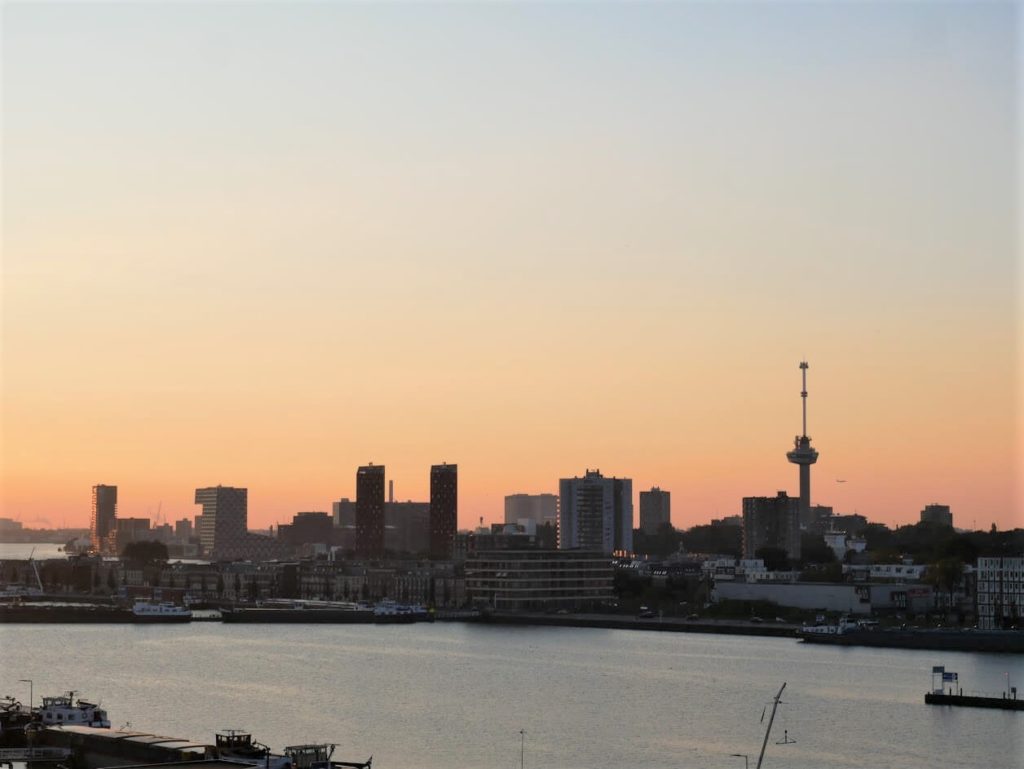 Rotterdam port and the skyline in the evening