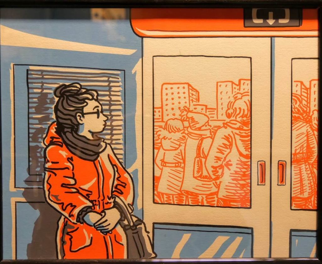 Illustration of a lady looking through the window on a ferry