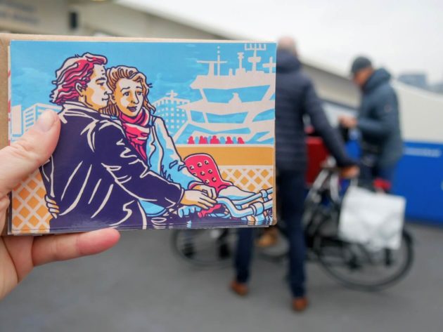 One of Rachelle's illustrations with people on a real ferry in a background