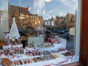 Christmas themed chocolates at patiserie in Ypres