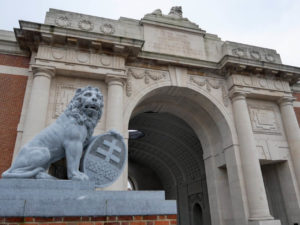 Lion statue in front of the Menin Gate in Ypres