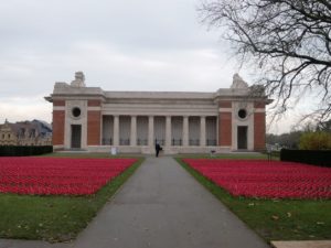 Poppy flowers o the city walls next to the Menin Gate in Ypres