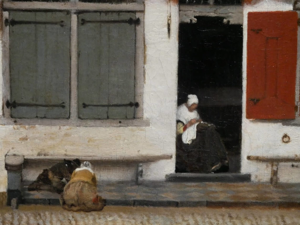 Detail of lady on Vermeer's painting View on Houses in Delft