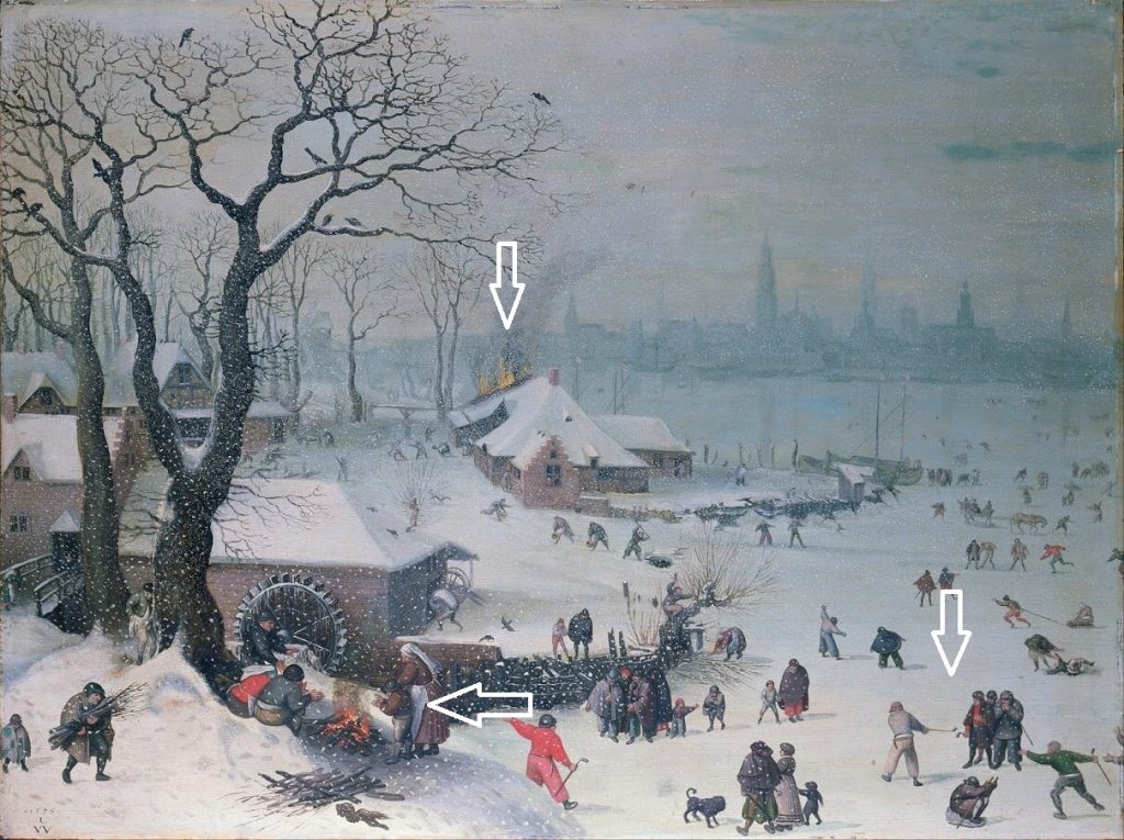 Lucas van Valckenborch, Winter Landscape with Snowfall near Antwerp, details