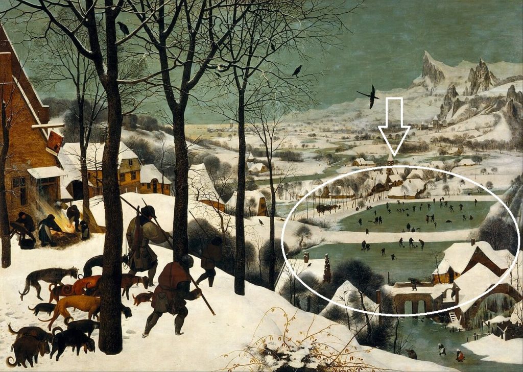 Pieter Bruegel the Elder Hunters in the snow, ice skating detail
