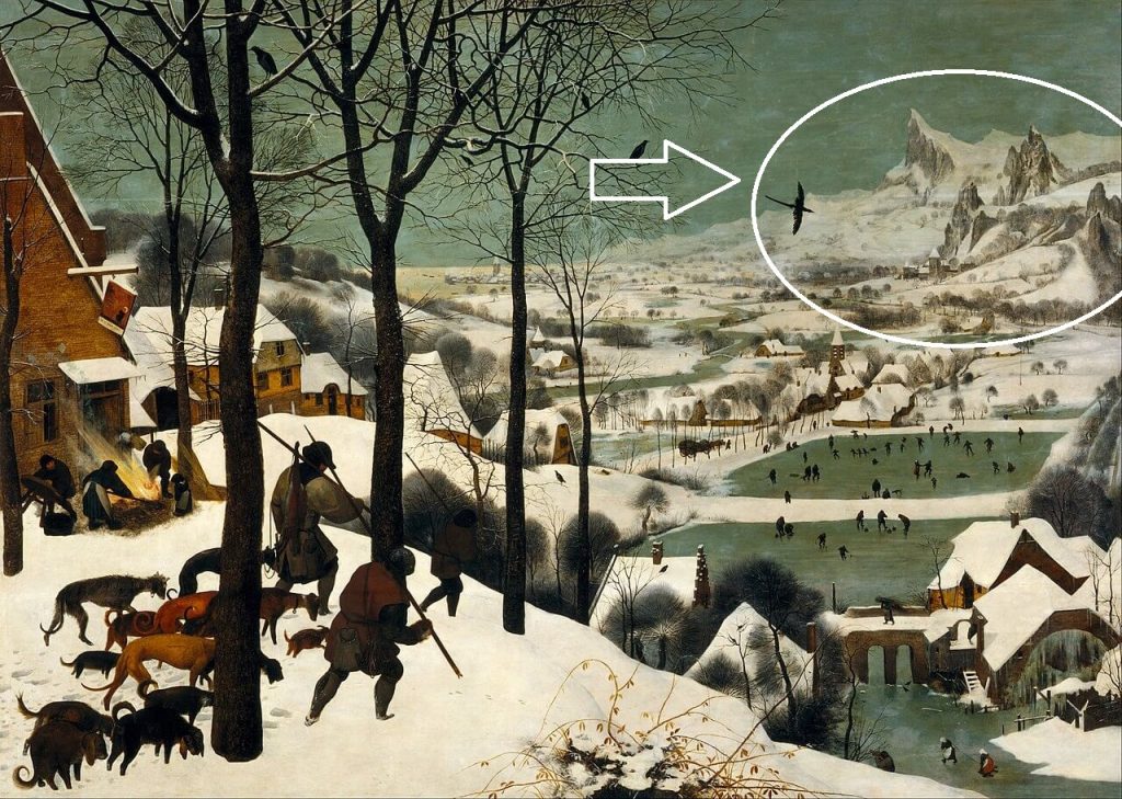 Pieter Bruegel the Elder Hunters in the snow, mountain detail