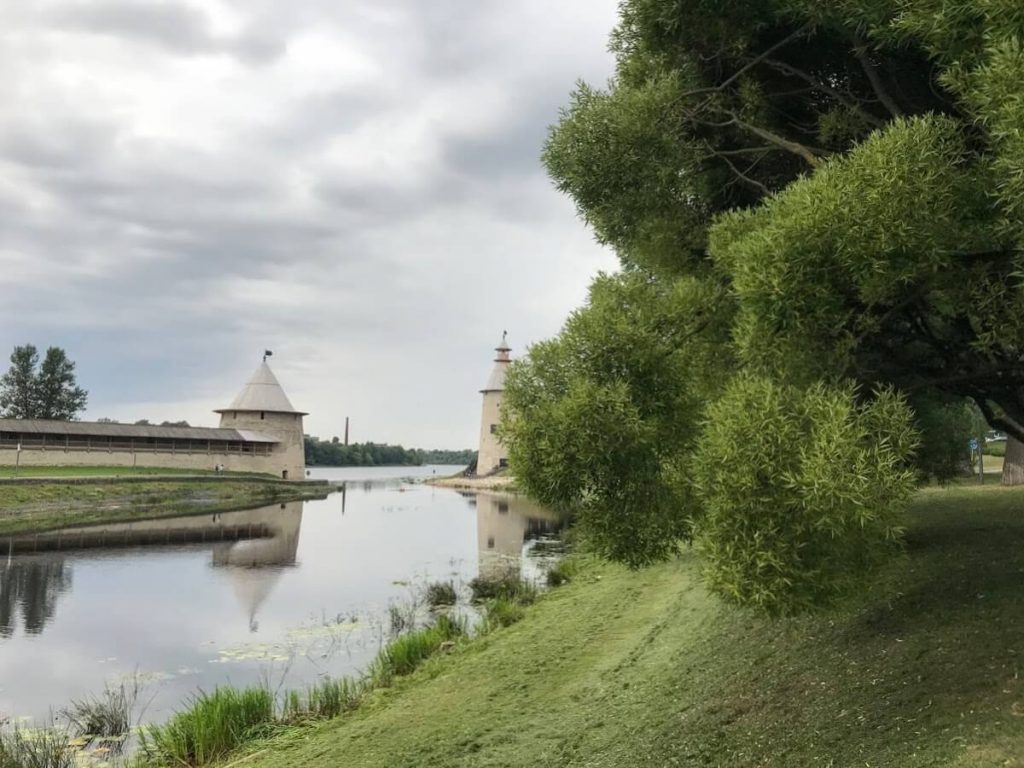 view on krom fortifications in Pskov from a river