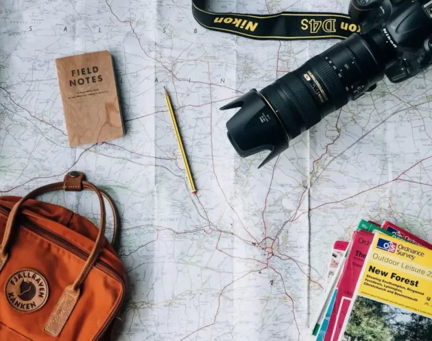 the map, camera, passport and other traveling objects