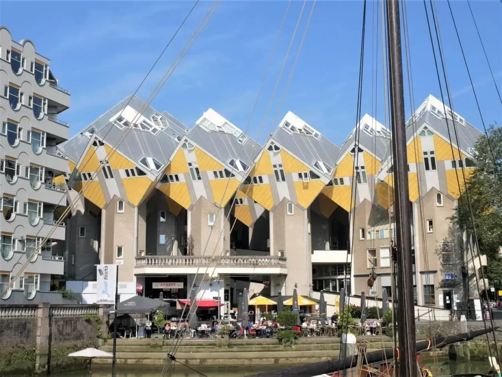 Five yellow cube houses in Rotterdam