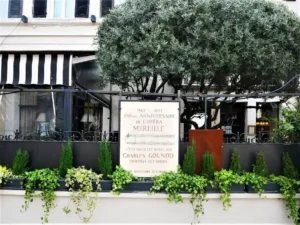 Sign about composer Gounod in front of the Hotel Gounod in Saint Remy de Provence