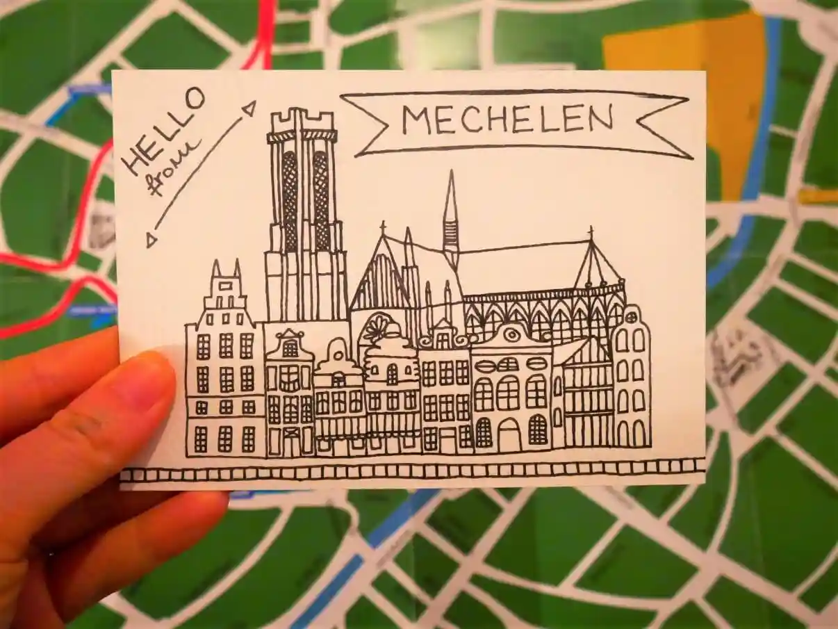 Coloring postcard of Mechelen