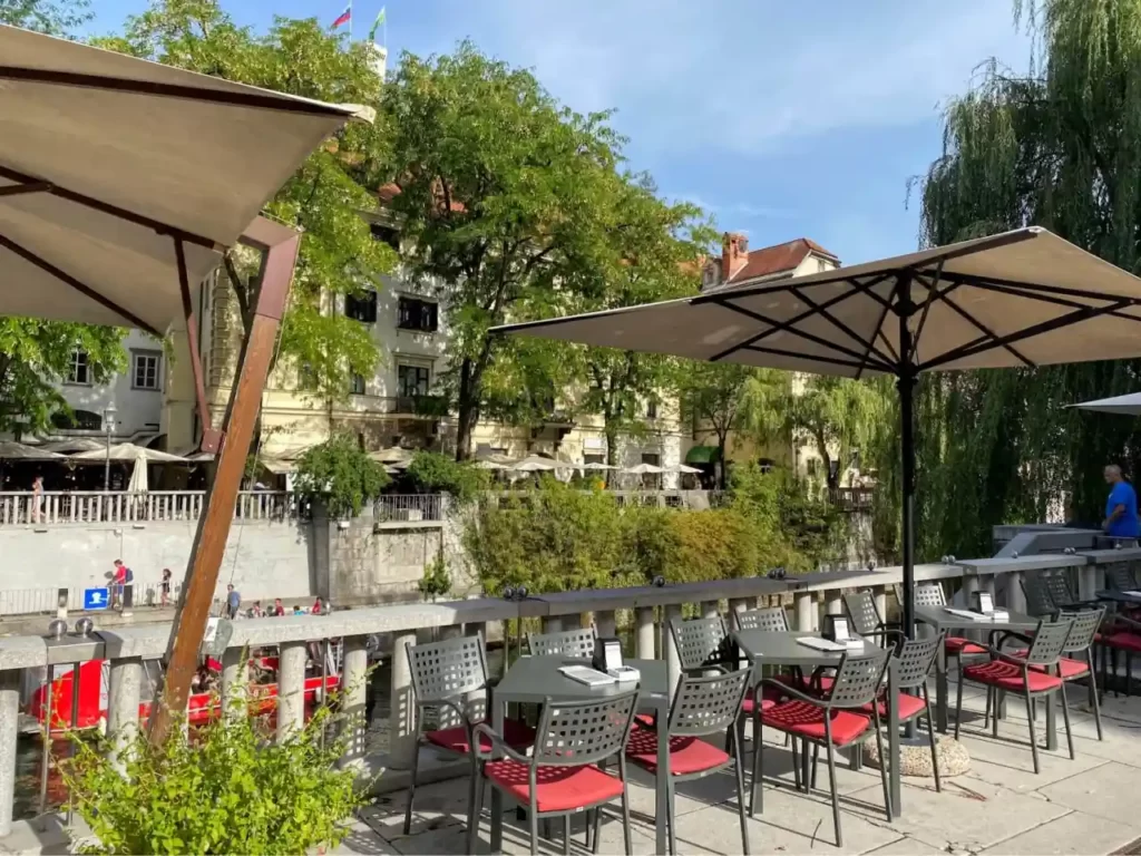 Cafes next to Ljubljanica River in Ljubljana