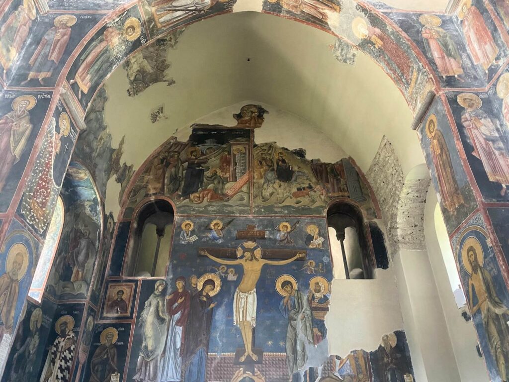 Crucifixion fresco in Studenica Monastery in Serbia